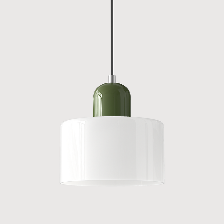 Coloured Glass Bauhaus Pendant Light – Glass Colour: White, Cap Colour: Green
