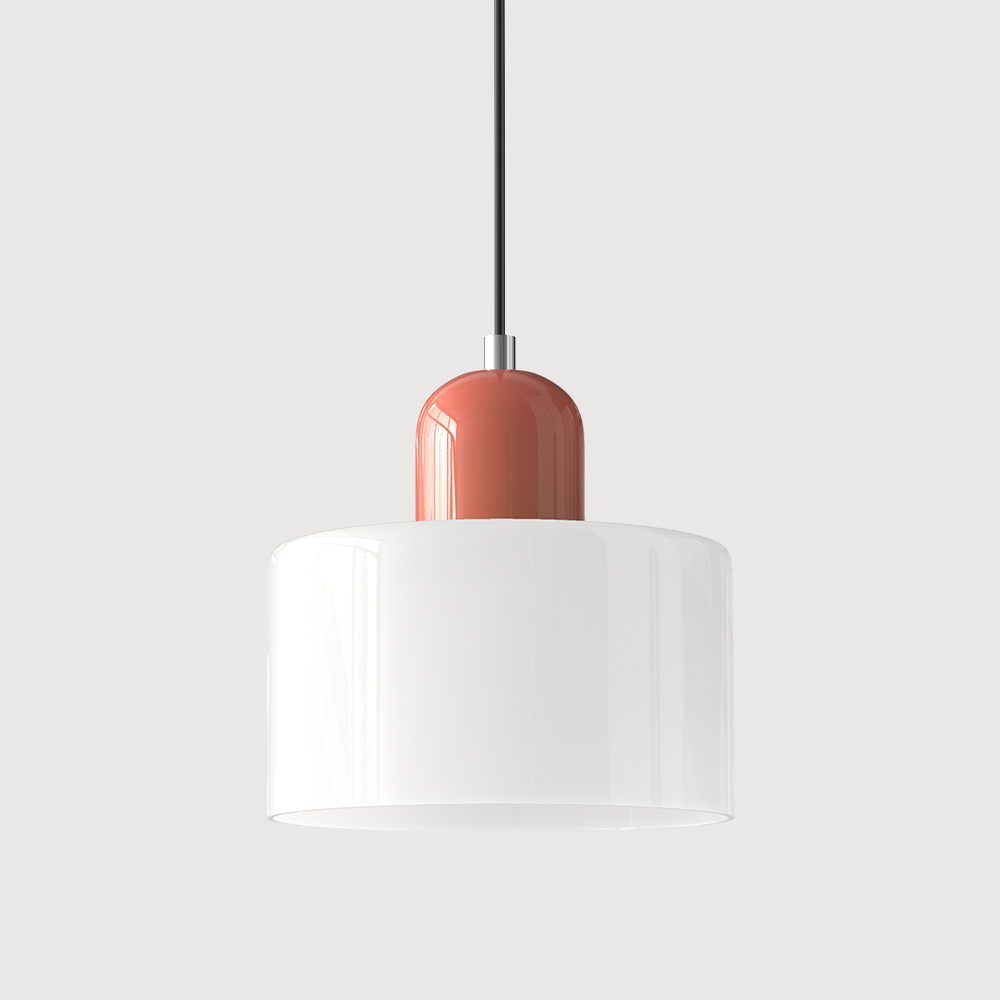 Coloured Glass Bauhaus Pendant Light – Glass Colour: White, Cap Colour: Pink
