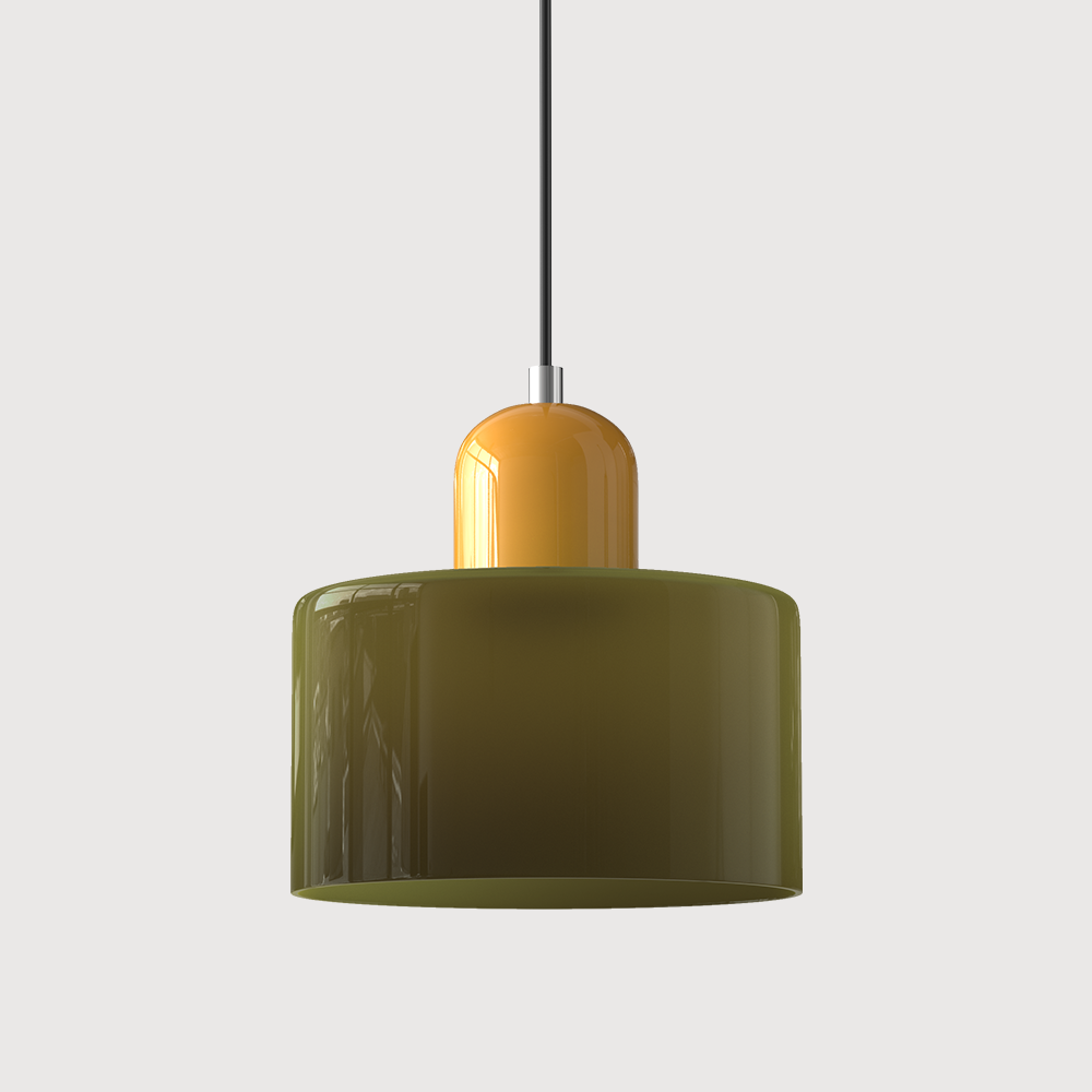 Coloured Glass Bauhaus Pendant Light – Glass Colour: Army Green, Cap Colour: Yellow