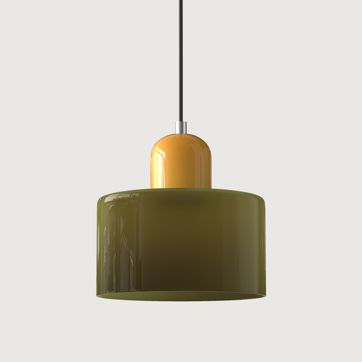Coloured Glass Bauhaus Pendant Light – Glass Colour: Army Green, Cap Colour: Yellow