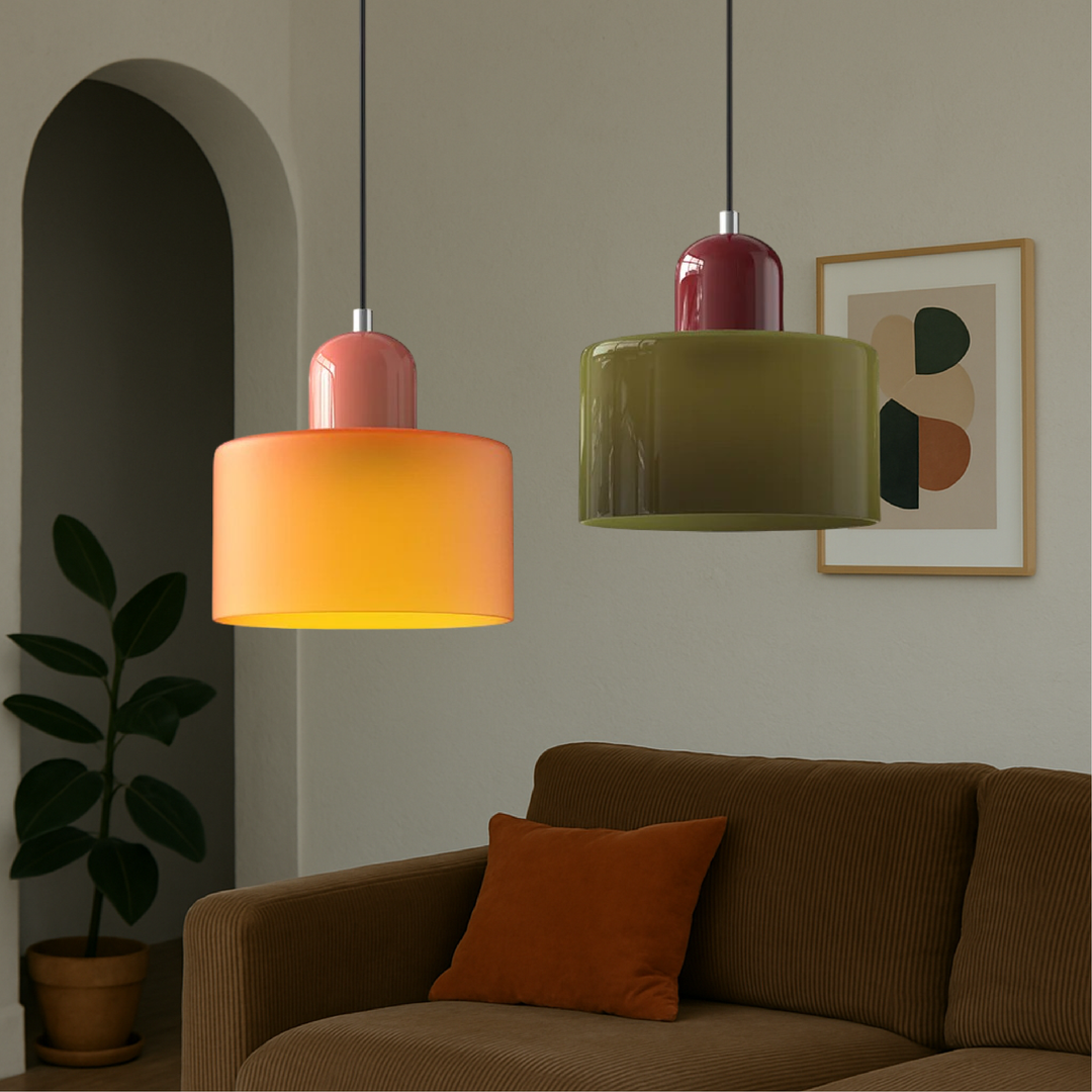 Coloured Glass Bauhaus Pendant Light | Retro Two-Tone Dining Pendant