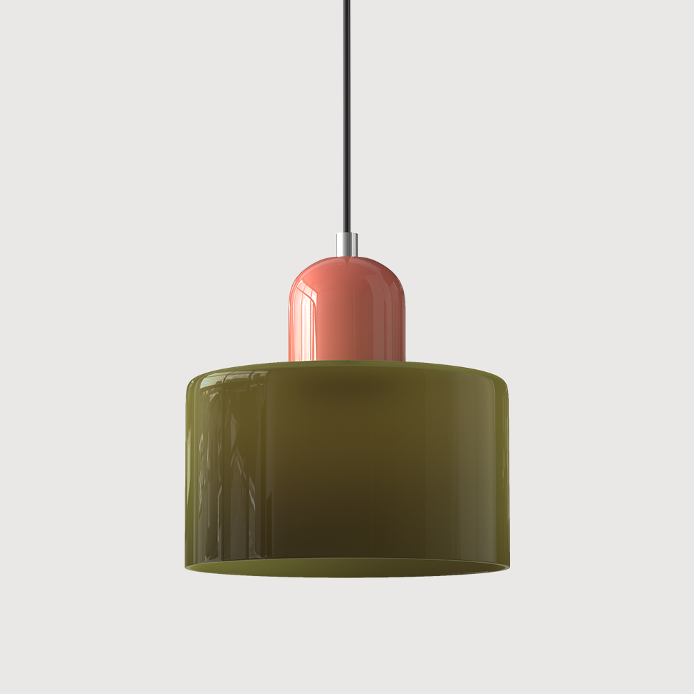 Coloured Glass Bauhaus Pendant Light – Glass Colour: Army Green, Cap Colour: Pink