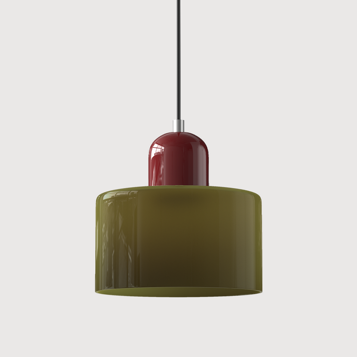 Coloured Glass Bauhaus Pendant Light – Glass Colour: Army Green, Cap Colour: Red