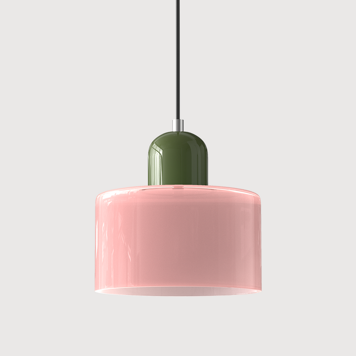 Coloured Glass Bauhaus Pendant Light – Glass Colour: Pink, Cap Colour: Green