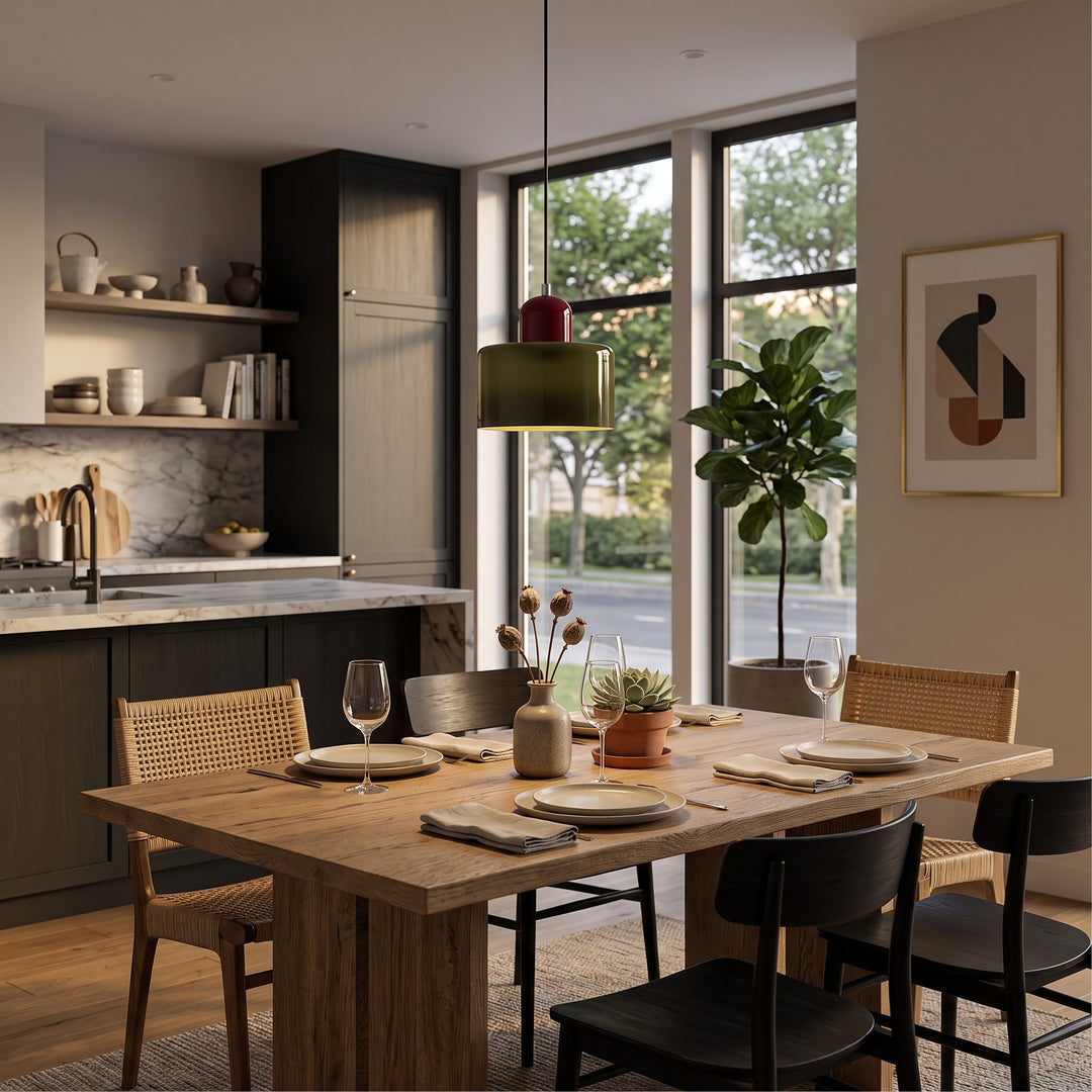 Coloured Glass Bauhaus Pendant Light styled in a home interior