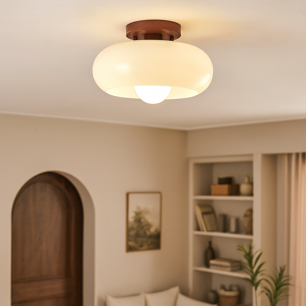 Cream Glass Flush Ceiling Light | Bauhaus Style Hallway Ceiling Light