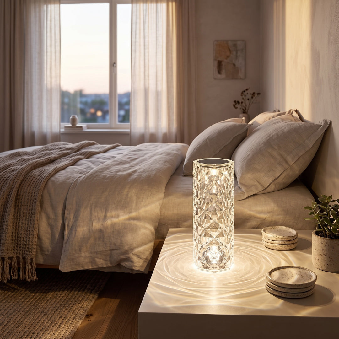 Crystal Table Lamp - Faceted Cylinder Light with Pattern Projection