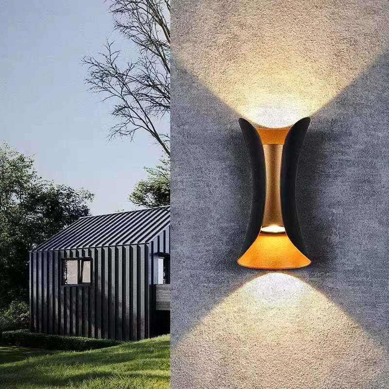 Curved Up Down Outdoor Wall Light in Black and Gold