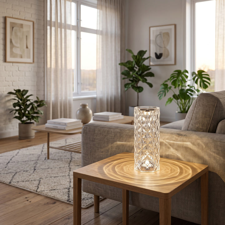 Diamond-Cut Crystal Table Lamp styled in a home interior