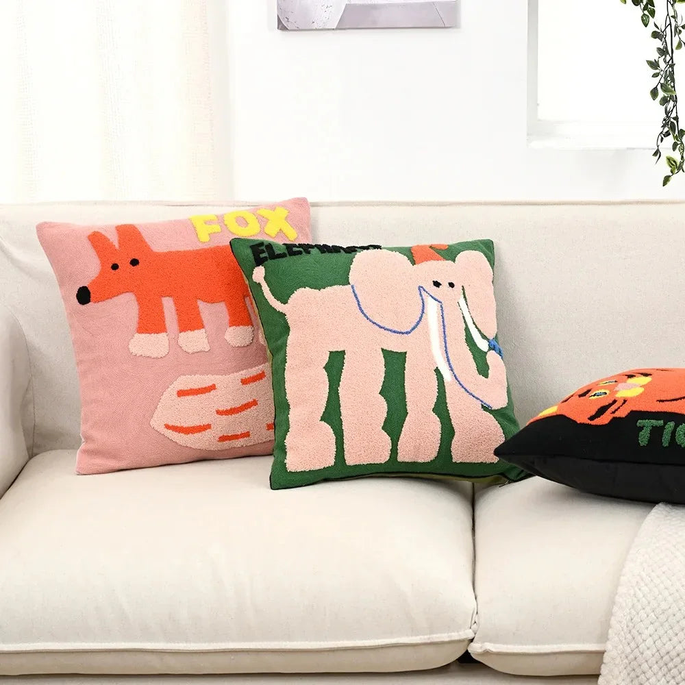 Embroidered Animal Cushion Cover | Playful Nordic Sofa Cushion Cover