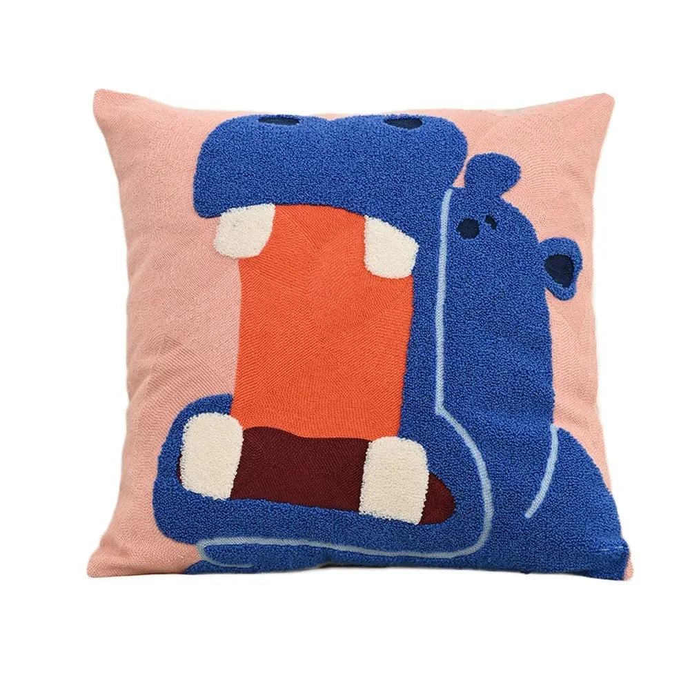 Embroidered Animal Cushion Cover in Hippo