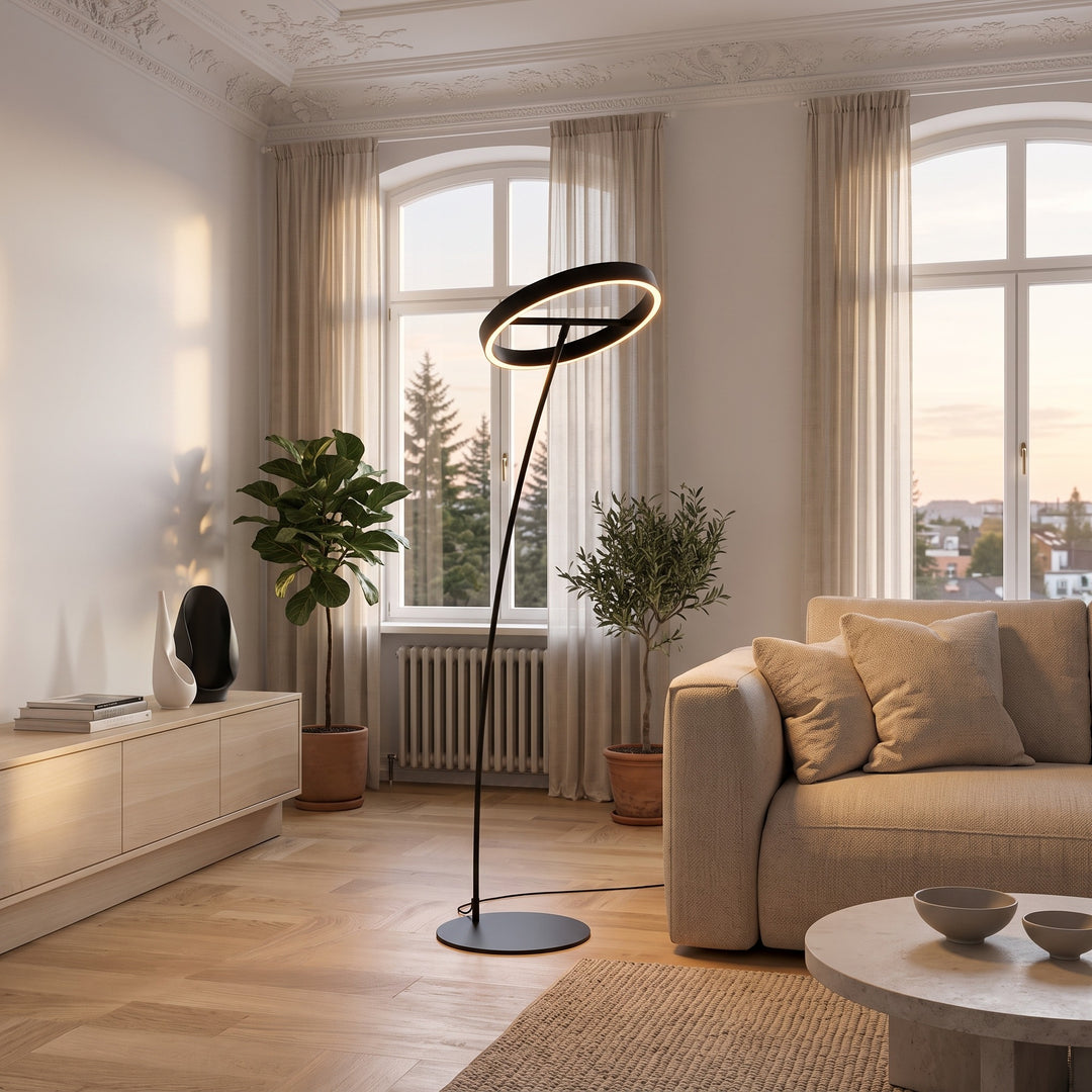 Floor Lamp - Circular LED Light Ring with Dimmable Functionality