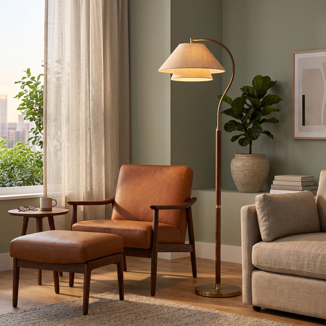 Floor Lamp with Curved Arc and Double-Tiered Shade