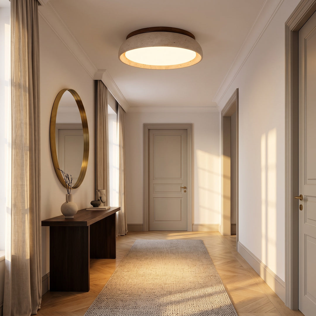 Flush Mount Ceiling Lamp Round Stone and Wood Shade
