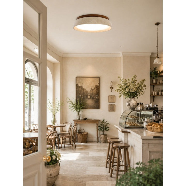 Flush-Mount Ceiling Light Fixture - Sculptural Travertine Drum