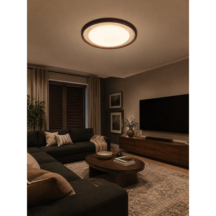 Flush-Mount Ceiling Light Fixture - Sculptural Travertine Drum