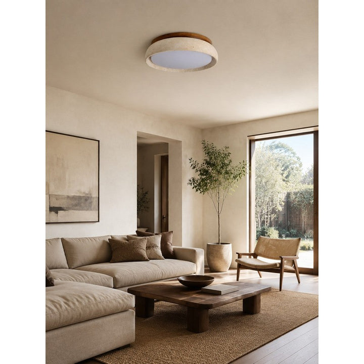 Flush-Mount Ceiling Light Fixture - Sculptural Travertine Drum