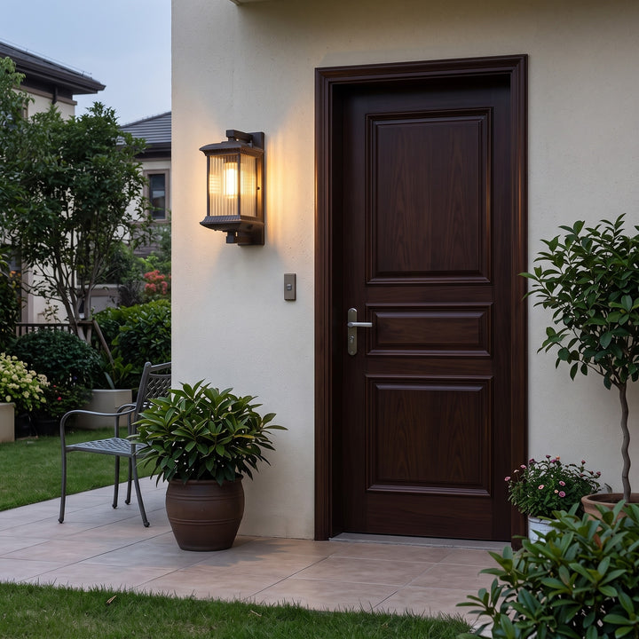 Fluted Glass Outdoor Wall Lantern styled in a home interior