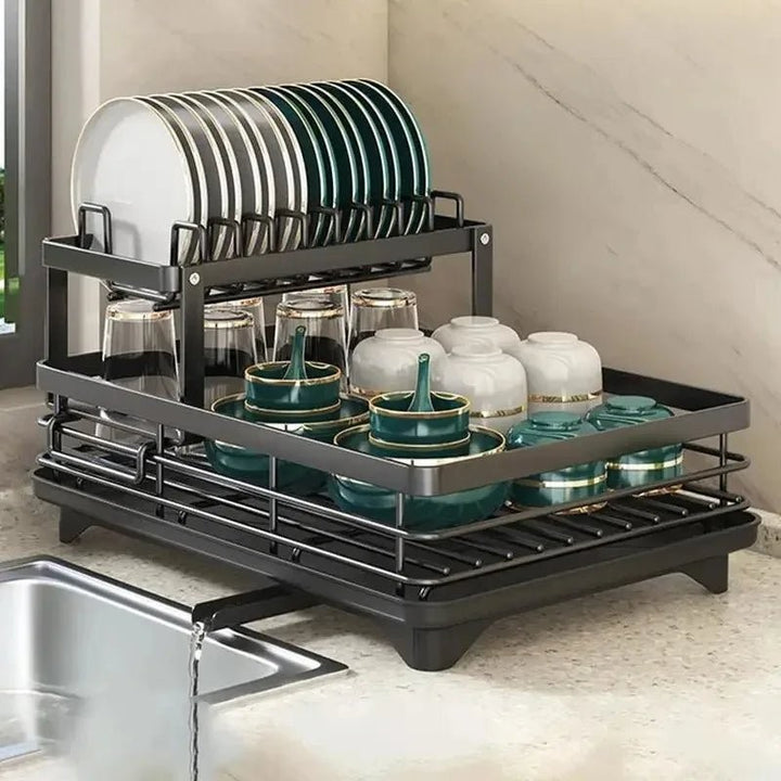Foldable Dish Drying Rack - Two-Tier with Cutlery Holder