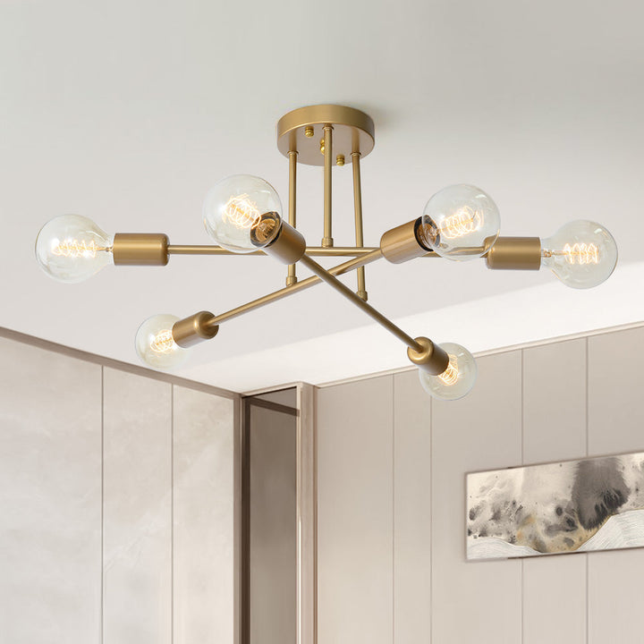 Gold Sputnik Ceiling Light | Mid-Century 6-Light Semi-Flush Light