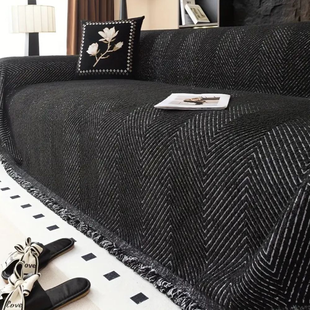 Herringbone Sofa Cover in Midnight Black