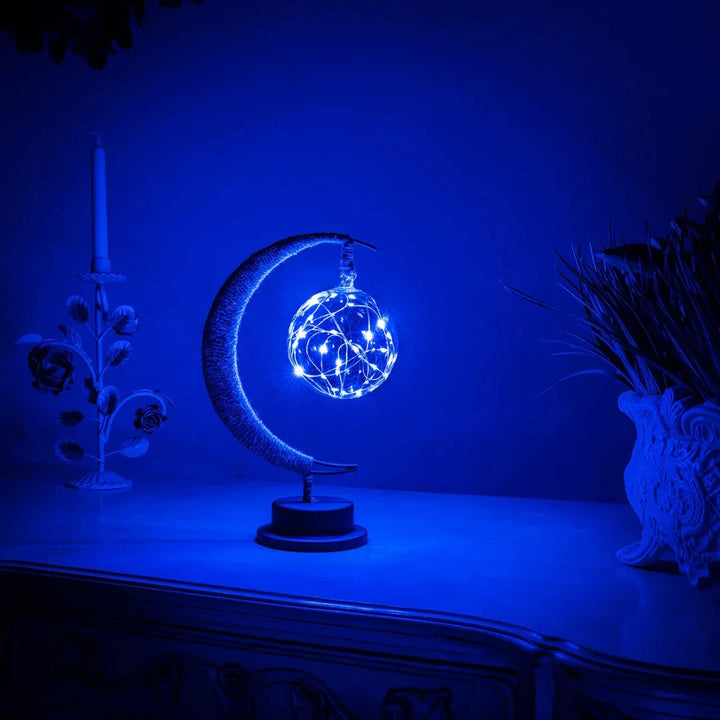 Table Lamp - Suspended Globe with Rope Wrapped Crescent Stand