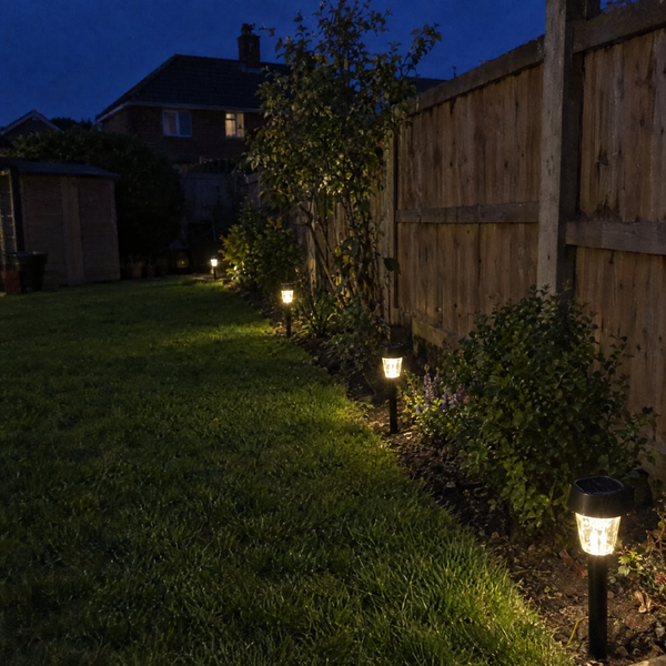 Solar stake lights glowing along a garden lawn at night
