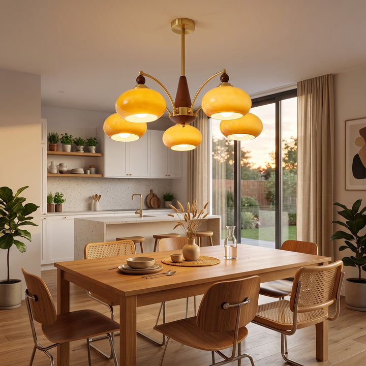 Mid-Century Modern Chandelier - Gold Finish with Dome Shades