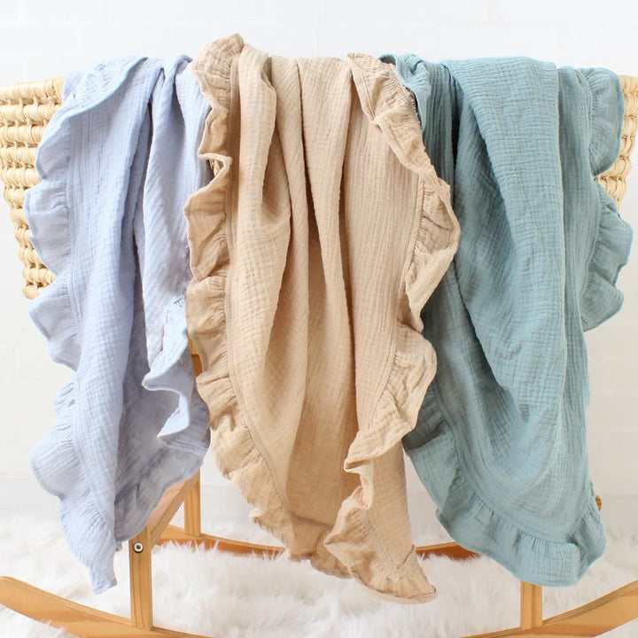 Organic Cotton Muslin Swaddle | Soft Ruffled Baby Blanket