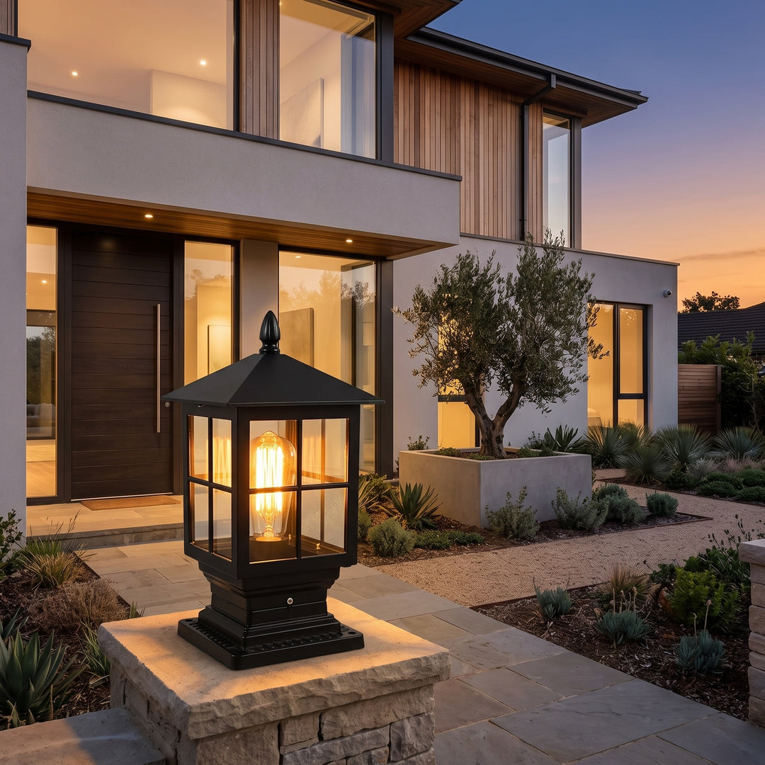 Outdoor Post Mounted Lamp - Lantern Pillar Light with Exposed Bulb