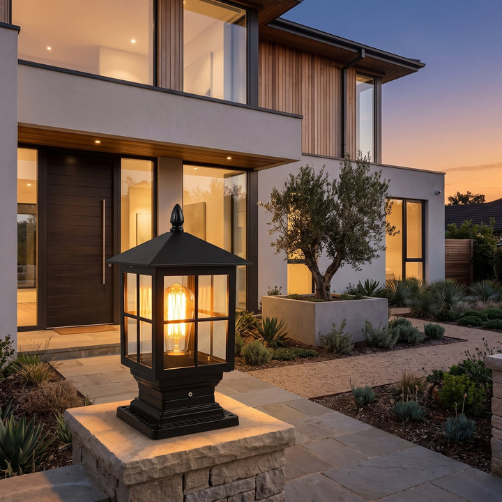 Outdoor Post Mounted Lamp - Lantern Pillar Light with Exposed Bulb