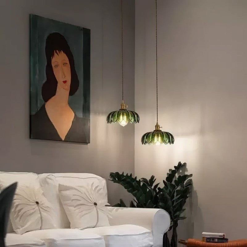 Pendant Lamp - Flower-Shaped Glass Shade with Brass Finish