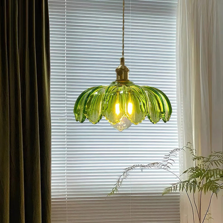 Pendant Lamp - Flower-Shaped Glass Shade with Brass Finish