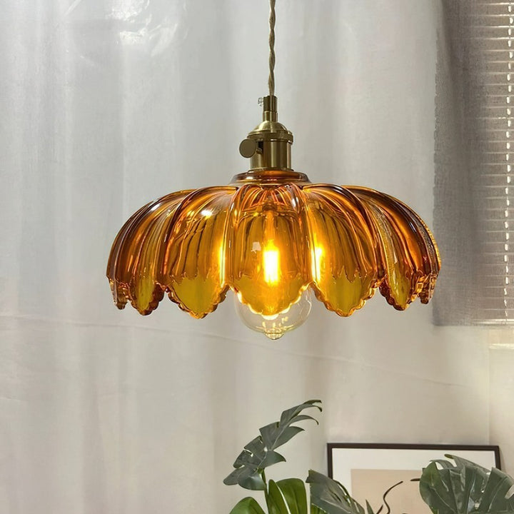 Pendant Lamp - Flower-Shaped Glass Shade with Brass Finish