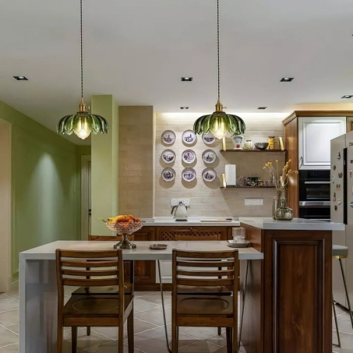 Pendant Lamp - Flower-Shaped Glass Shade with Brass Finish