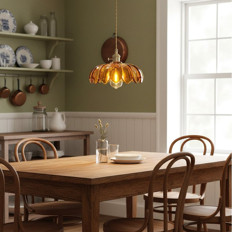 Pendant Lamp - Flower-Shaped Glass Shade with Brass Finish