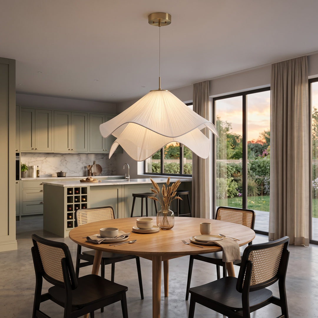 Pendant Lamp - Wavy Fabric Shade with Gold Canopy