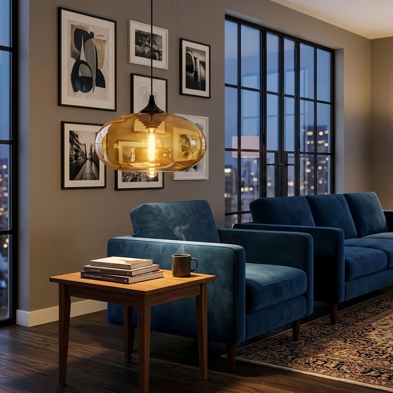 Pendant Light with Oblate Glass Shade - Adjustable Hanging Height