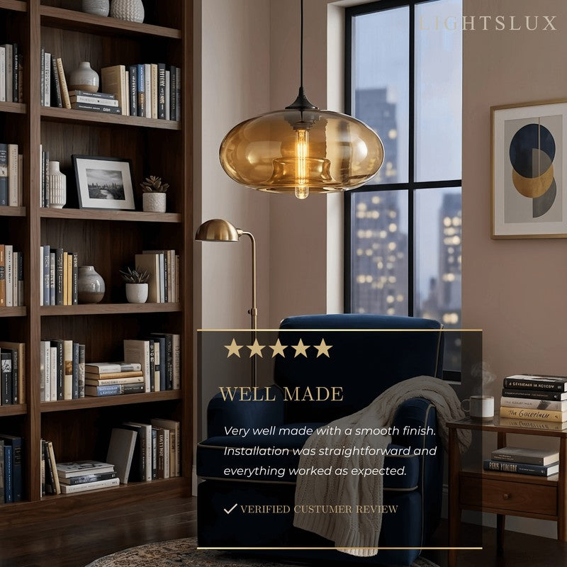 Pendant Light with Oblate Glass Shade - Adjustable Hanging Height