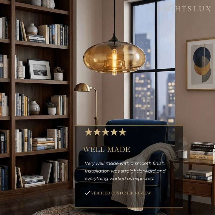 Pendant Light with Oblate Glass Shade - Adjustable Hanging Height