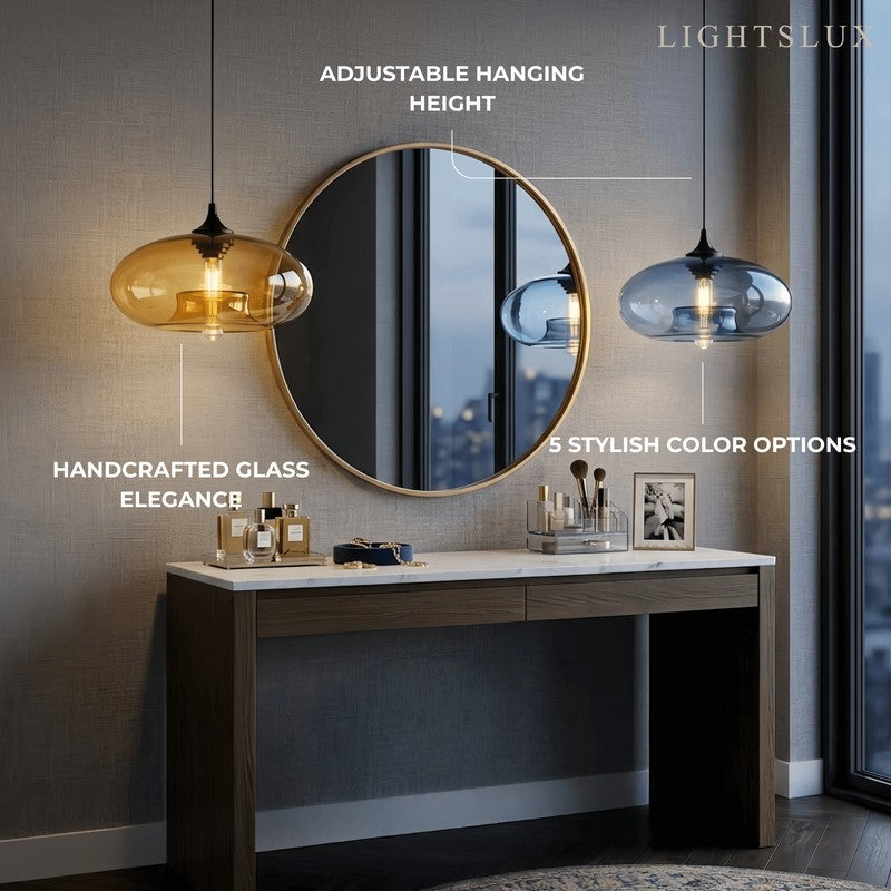 Pendant Light with Oblate Glass Shade - Adjustable Hanging Height