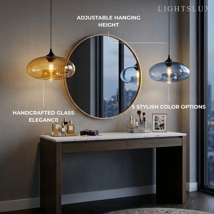 Pendant Light with Oblate Glass Shade - Adjustable Hanging Height