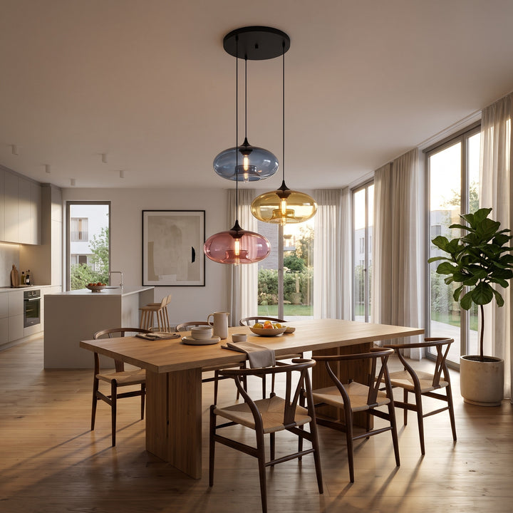 Pendant Light with Oblate Glass Shade - Adjustable Hanging Height