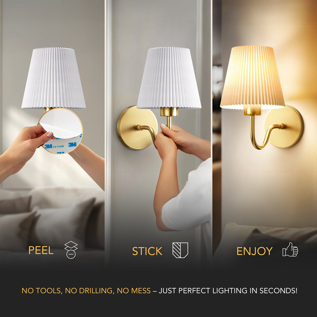Pleated Shade Wall Sconce | Curved Wireless Stick-On Wall Lights