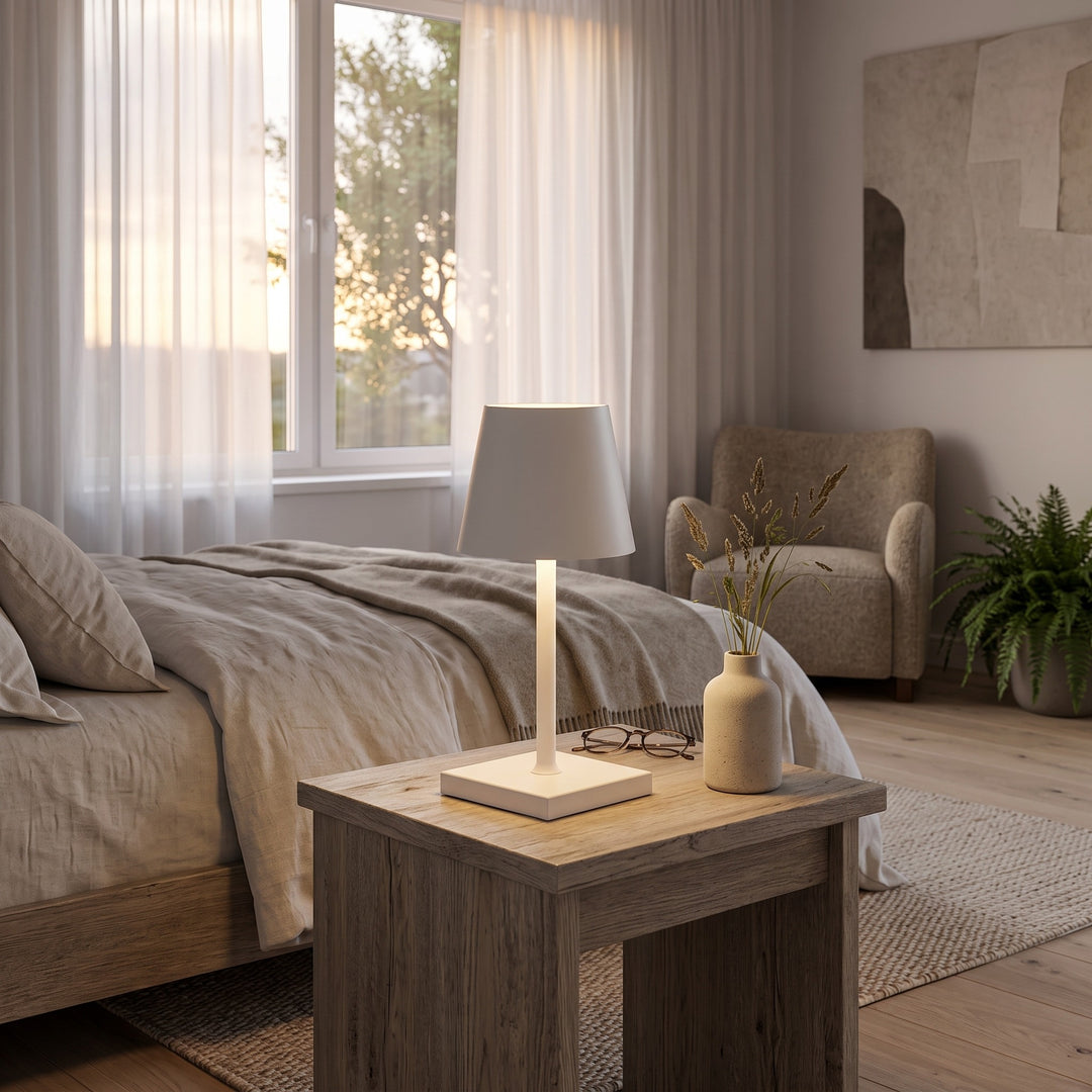 Portable Table Lamp - Tapered Shade with Slim Stem and Square Base