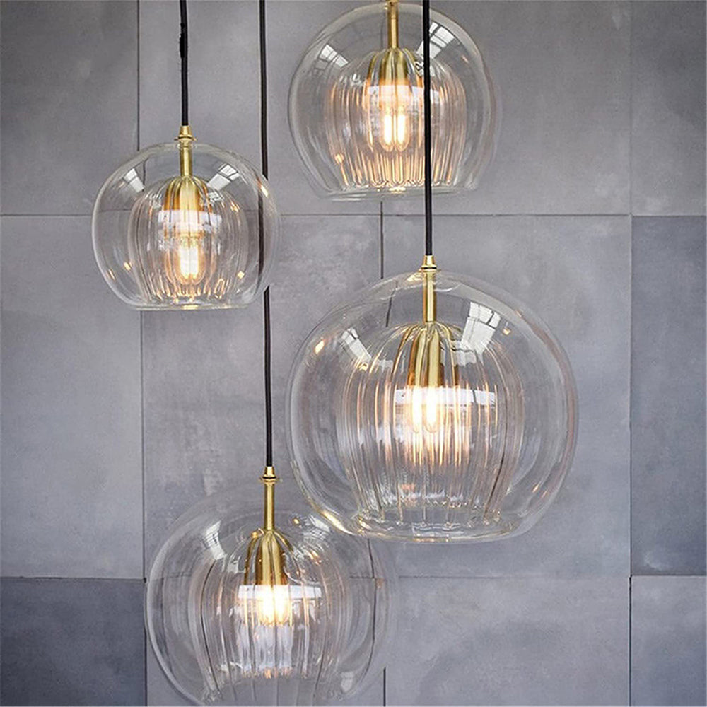 Ribbed Glass Globe Pendant Light | Clear & Amber Dining Pendant