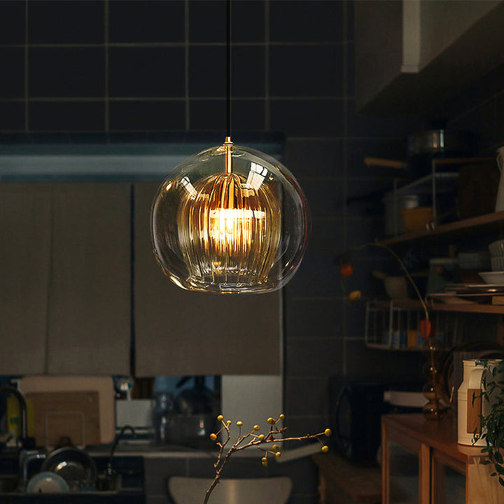 Ribbed Glass Globe Pendant Light in Amber