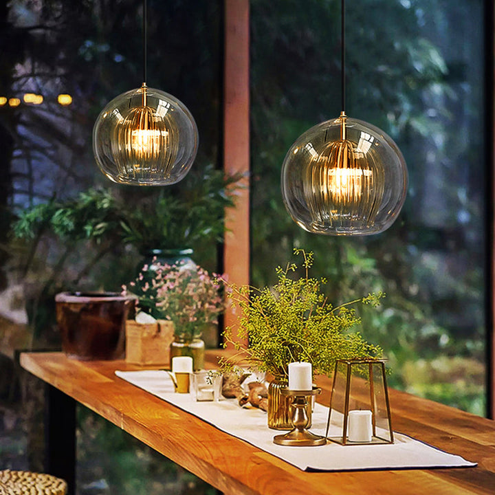 Ribbed Glass Globe Pendant Light in Amber