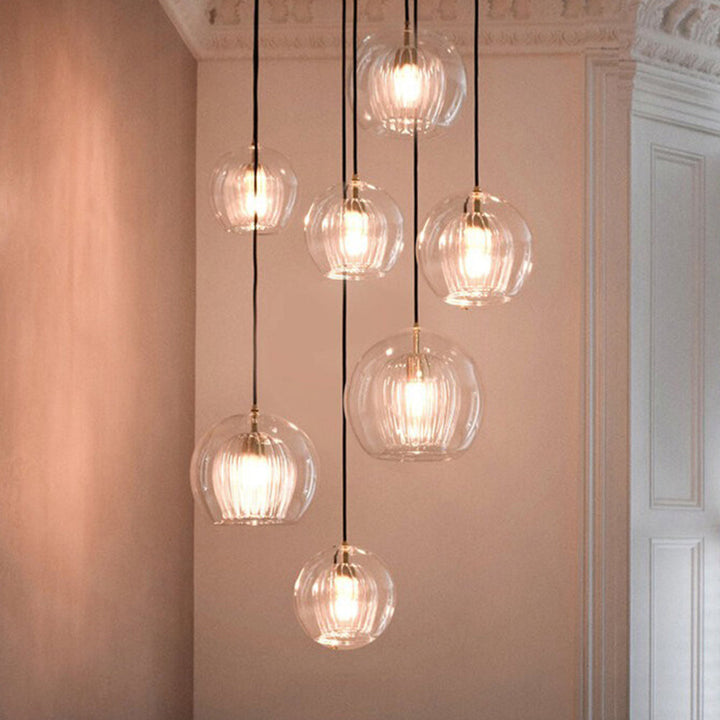 Ribbed Glass Globe Pendant Light | Clear & Amber Dining Pendant