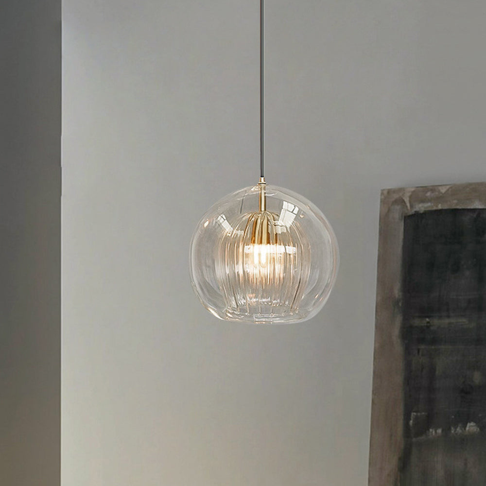 Ribbed Glass Globe Pendant Light in Clear